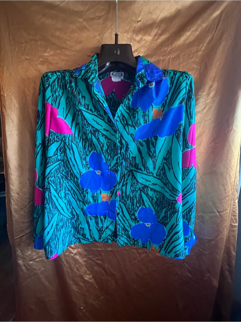 Vintage Floral 80s High Necked Blouse in Teal & Blue